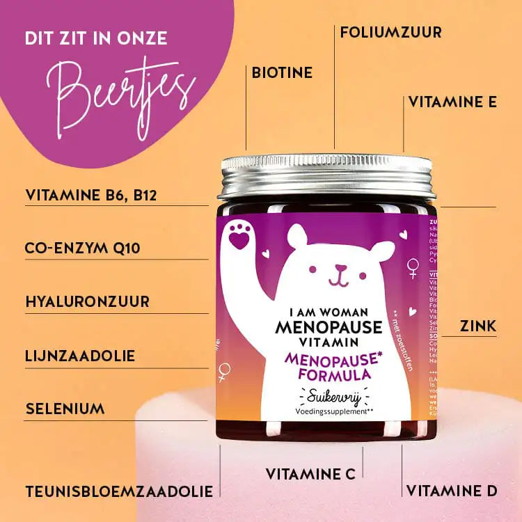 Deze ingrediënten en voedingsstoffen zitten in de I am Woman Menopause Vitamins van Bears with Benefits: biotine, foliumzuur, vitamine E, selenium, zink, vitamine D, vitamine C, teunisbloemolie, lijnzaadolie, hyaluronzuur, co-enzym Q10, vitamine B6 en vitamine B12.