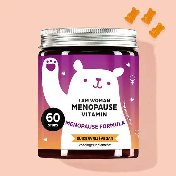 Een blikje I am Woman Menopause Vitamin met teunisbloemolie en lijnzaadolie van Bears with Benefits voor de menopauze.