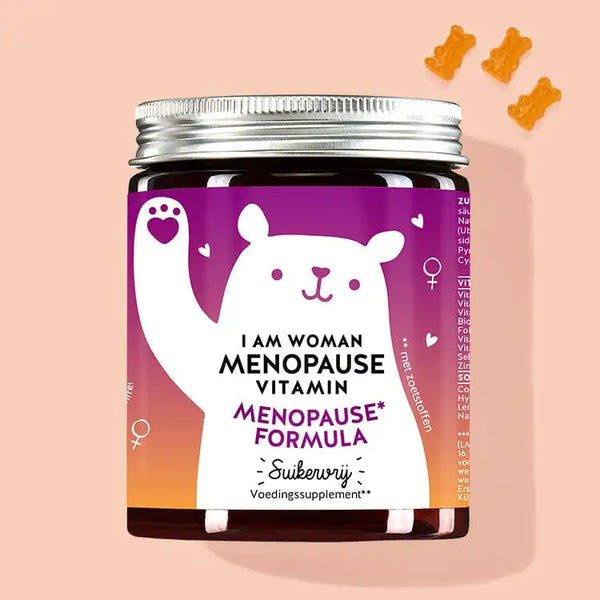 Een blikje I am Woman Menopause Vitamin met teunisbloemolie en lijnzaadolie van Bears with Benefits voor de menopauze.