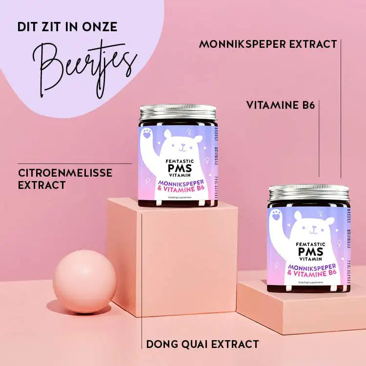 Deze ingrediënten en voedingsstoffen zitten in de Femtastic PMS Vitaminen van Bears with Benefits: Monnikspeper, Citroenmelisse, Dong Quai en Vitamine B6.