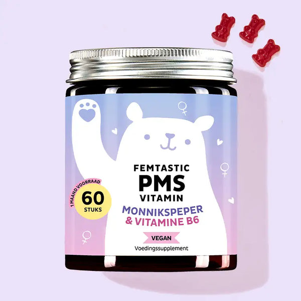 Een blikje Femtastic PMS Vitaminen met Monnikspeper en Vitamine B6 van Bears with Benefits voor een evenwichtige cyclus