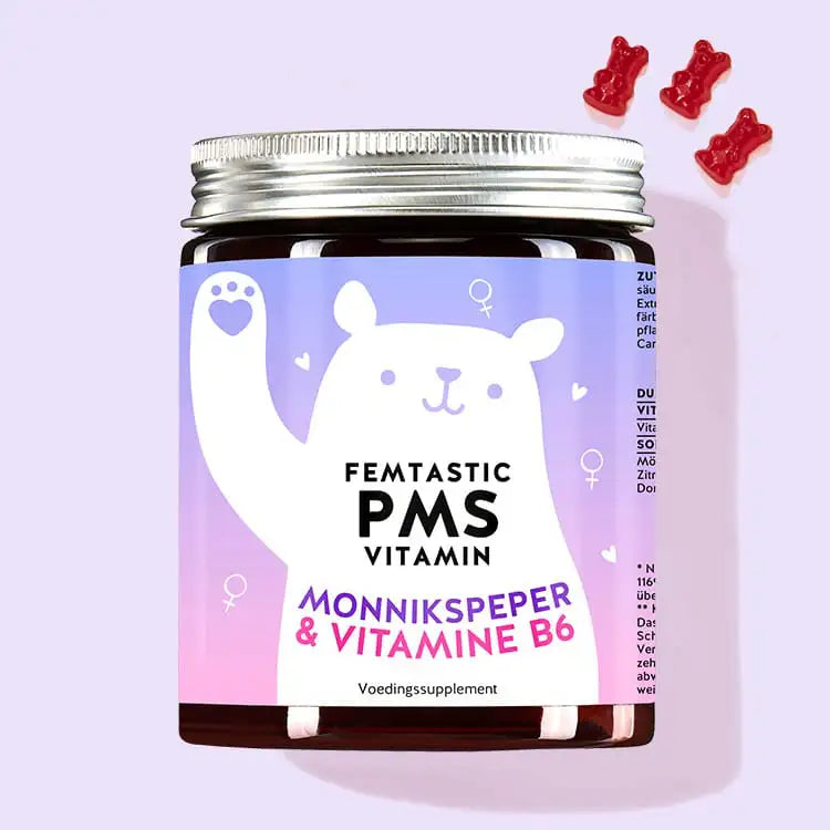 Een blikje Femtastic PMS Vitaminen met Monnikspeper en Vitamine B6 van Bears with Benefits voor een evenwichtige cyclus