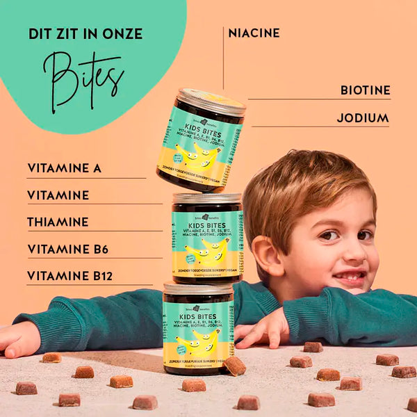 Ingrediënten van Kids Bites voor het immuunsysteem en de algemene gezondheid van kinderen. Bevat vitamine A, E, B1, B3, B6, B12, biotine en jodium.
