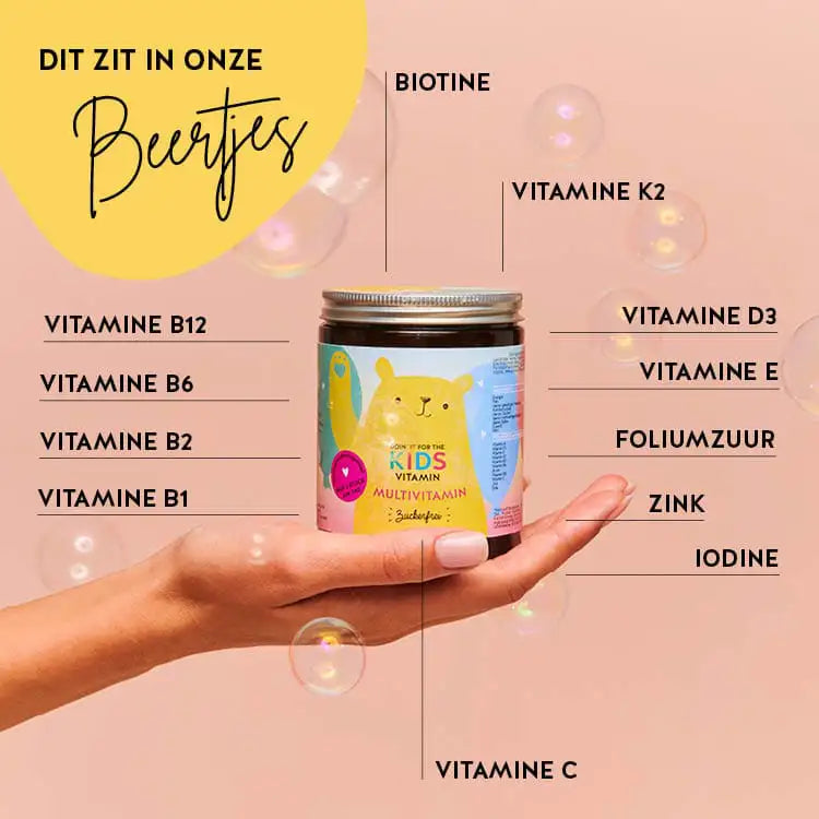 Deze ingrediënten en voedingsstoffen zitten in de Doin' It For The Kids Vitaminen van Bears with Benefits: biotine, zink, jodium, foliumzuur, vitamine B, C, D, E en vitamine K.