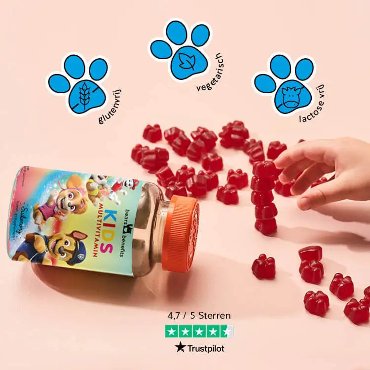 De Paw Patrol multivitamine voor kinderen van Bears with Benefits is lactosevrij, glutenvrij en vegetarisch.