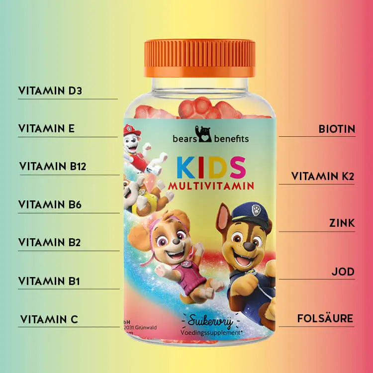 Dit zijn de ingrediënten in de Paw Patrol gummibeertjes van Bears with Benefits: Vitamine D3, E, B12, B2, B6, B1, C en K2, biotine, zink, jodium en foliumzuur.