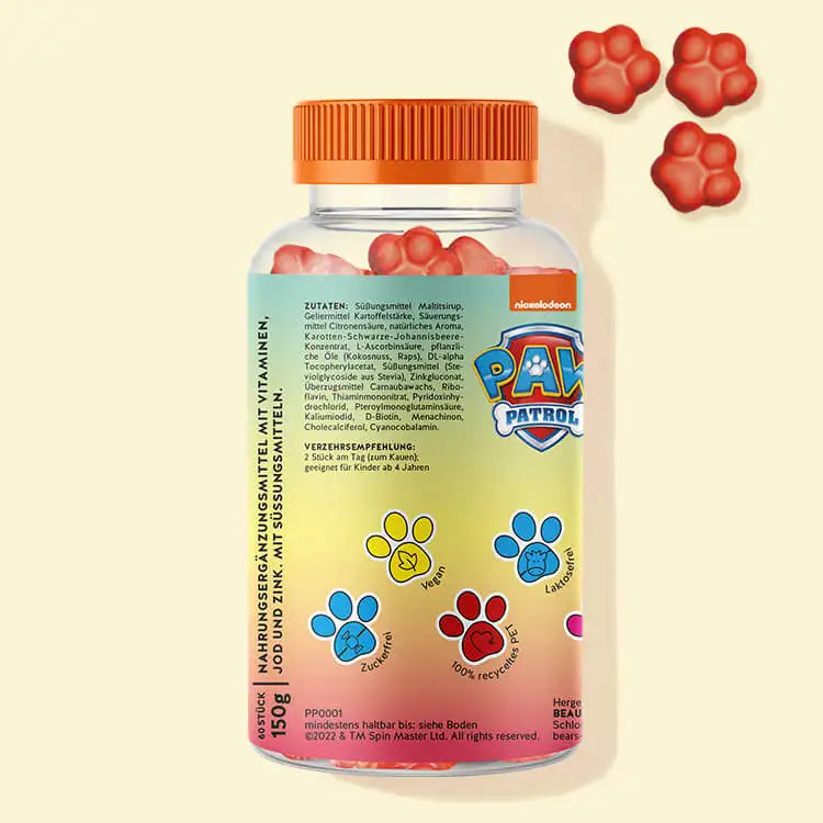 Hier zie je de achterkant van de verpakking van de Paw Patrol Bears with Multivitamin Complex voor kinderen. Hierop staat de ingrediëntenlijst van het product.