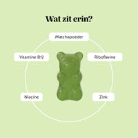 Bears with Benefits My Metabolic Matcha – met vitamine B12, riboflavine, niacine, zink en 80 mg matchapoeder van groene thee.
