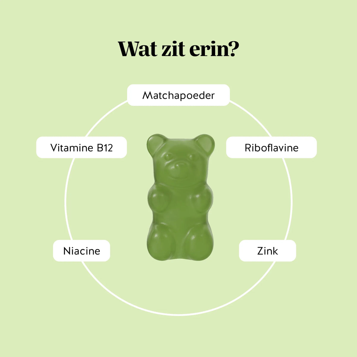 Bears with Benefits My Metabolic Matcha – met vitamine B12, riboflavine, niacine, zink en 80 mg matchapoeder van groene thee.
