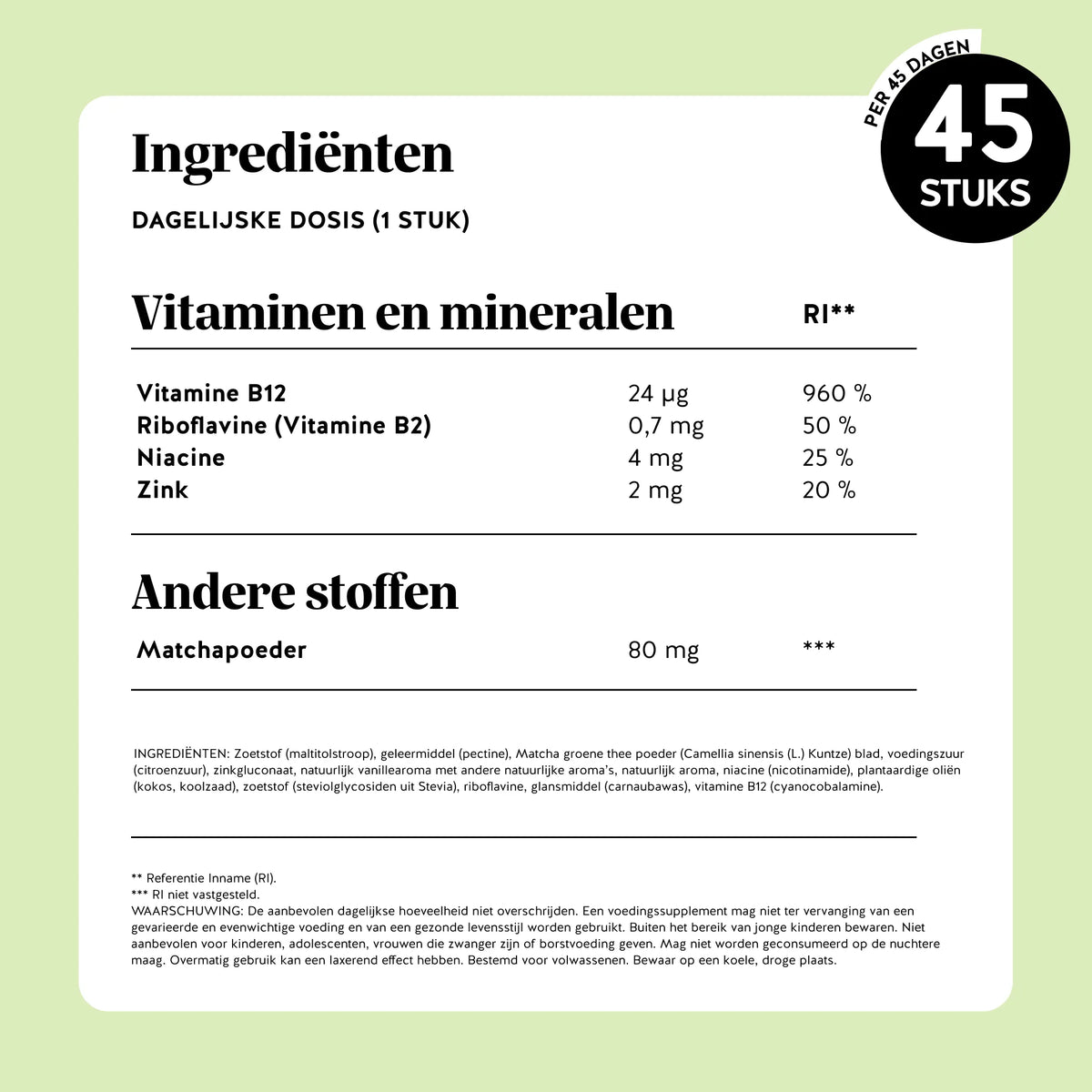 Bears with Benefits My Metabolic Matcha – met vitamine B12, riboflavine, niacine, zink en 80 mg matchapoeder van groene thee.
