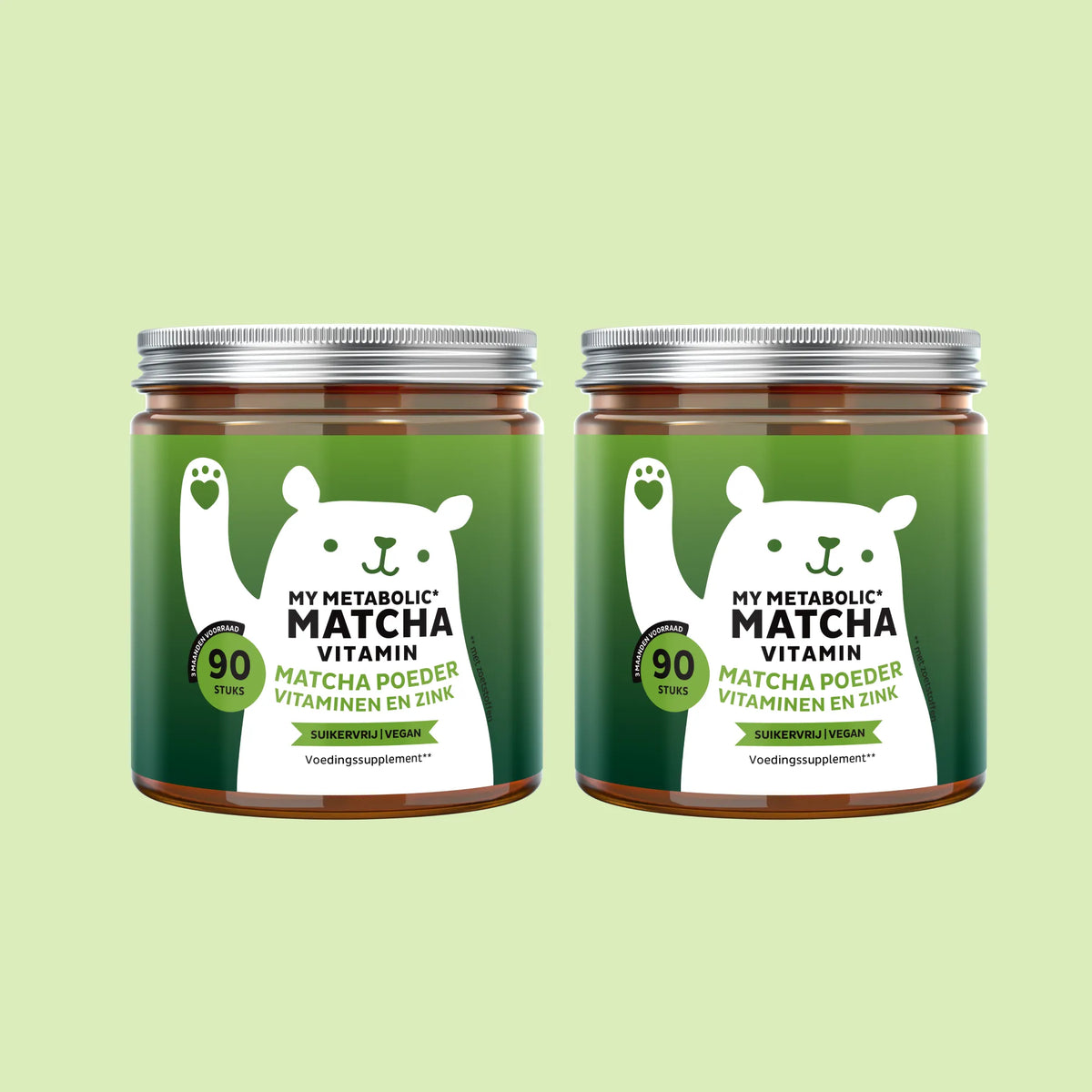 Bears with Benefits My Metabolic Matcha – dubbelpak vegan gummies met zink en matcha voor een normaal koolhydraatmetabolisme, 180 beertjes (2 x 90) smaak vanille-matcha.
