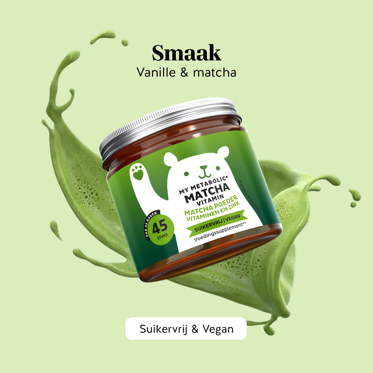 Bears with Benefits My Metabolic Matcha – natuurlijke vanille-matcha smaak, suikervrij en vegan, 45 beertjes.
