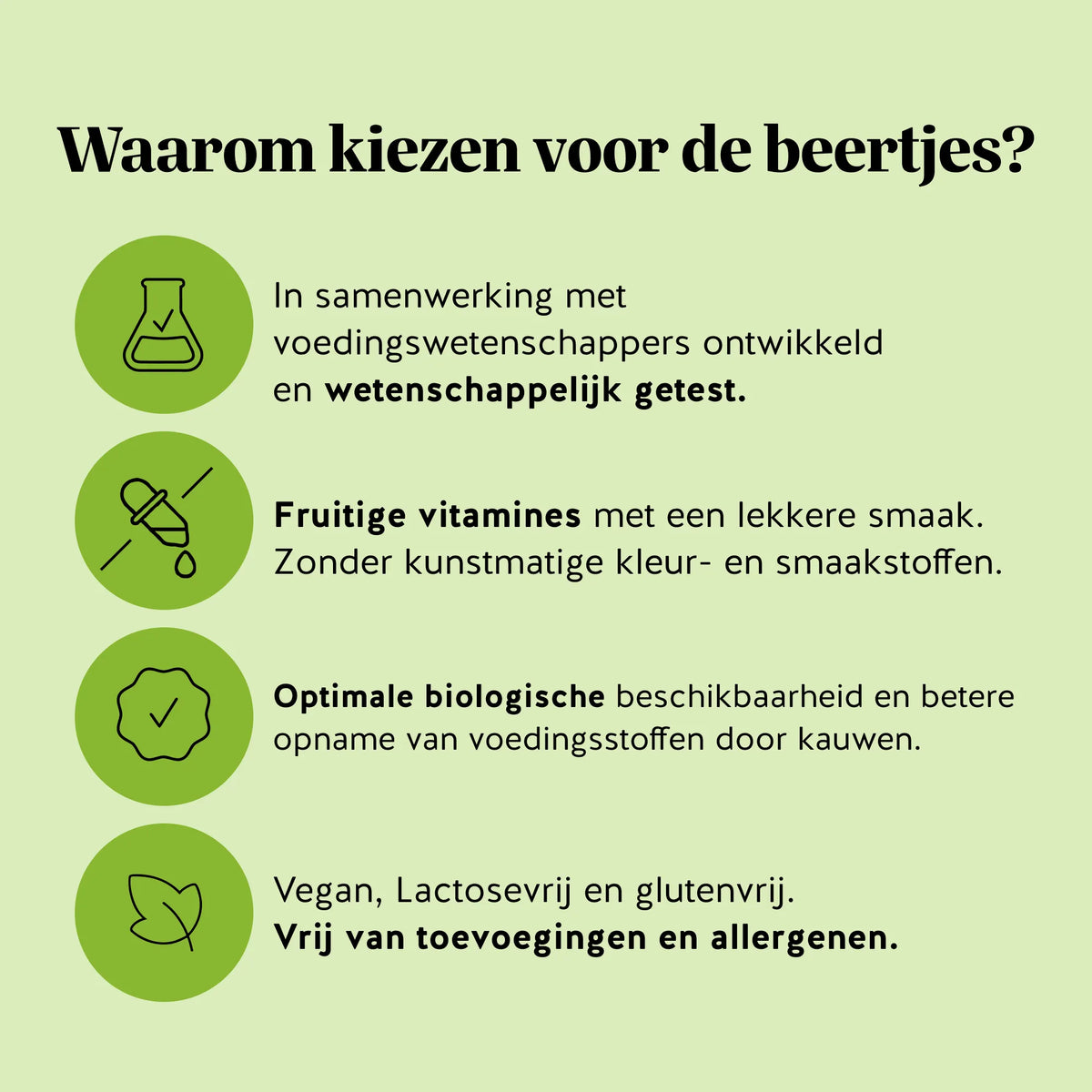 Bears with Benefits My Metabolic Matcha – waarom onze gummies: vegan, suikervrij en met natuurlijke vanille-matcha smaak.
