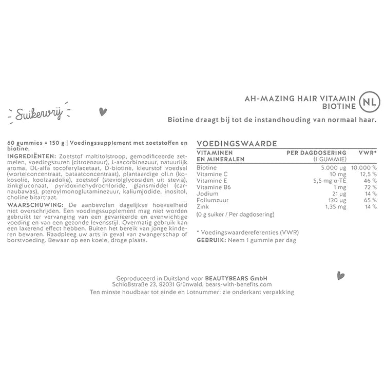Ingrediënten list van Ah-mazing hair vitamine met biotine, foliumzuur en Vitamine B6, C, E. 