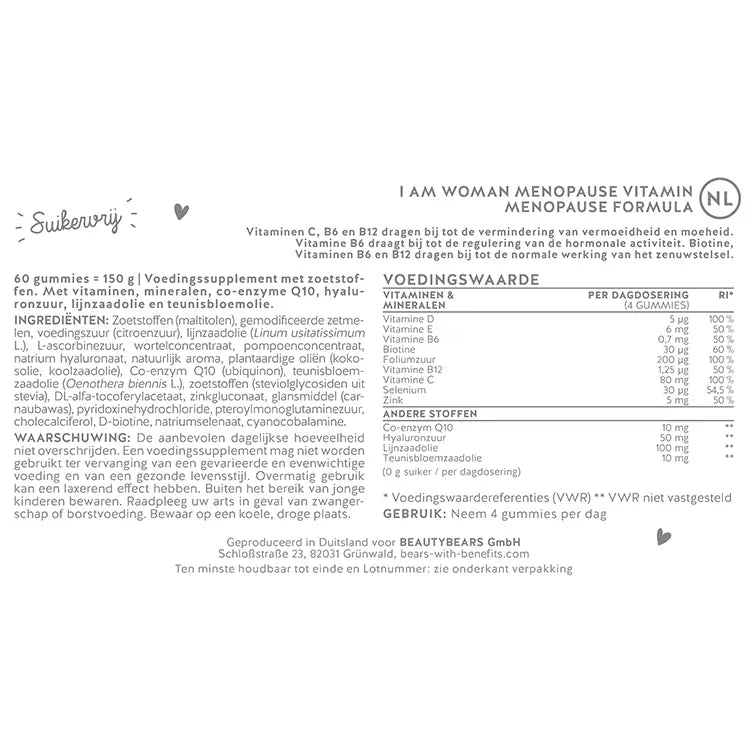 lijst van ingrediënten van I am Woman Menopause. Met Selenium, zink, foliumzuur, lijnzaadolie en teunisbloemzaad olie. 