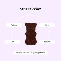 Bears with Benefits Oh Yeah Bear Libido – Wat zit erin: zink, seleen, koper, biotine en maca-, tribulus- en ginsengextract in één vegan gummy.