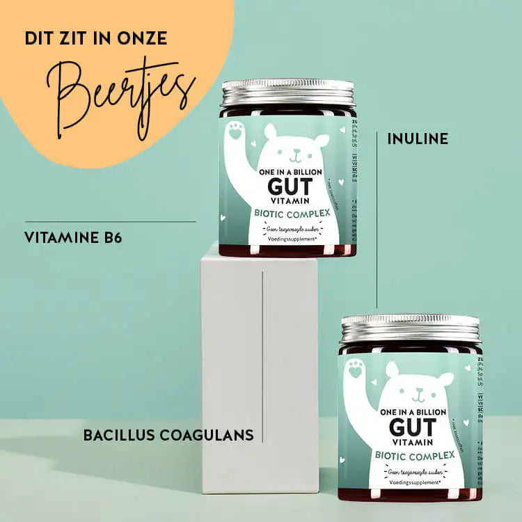 Deze ingrediënten en voedingsstoffen zitten in de One in a Billion Gut Vitamins van Bears with Benefits: vitamine B6, inuline en bacillus coagulans.