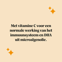 Bears with Benefits Catch of the Day Vitality Support – tekstafbeelding voor vegan gummies met vitamine C en DHA uit microalgenolie: Met vitamine C voor een normale werking van het immuunsysteem en DHA uit microalgenolie