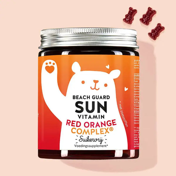 Een blikje Beach Babe Skin Vitamins with Red Orange Complex van Bears with Benefits voor de door de zon beschadigde huid.