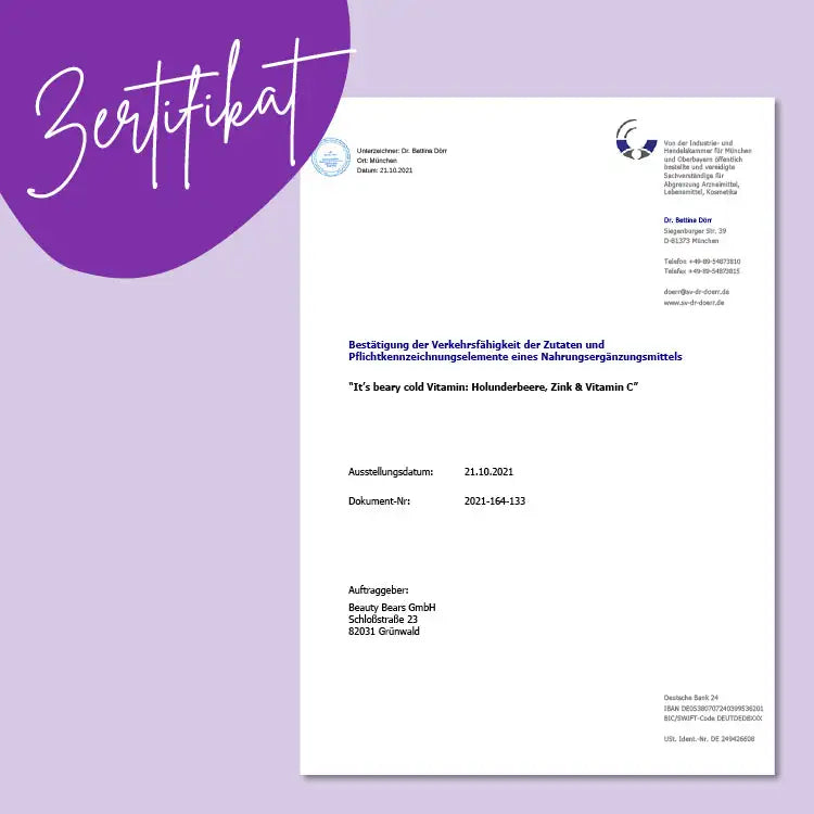 Dit is het certificaat van de It's Beary Cold Vitamins van Bears with Benefits