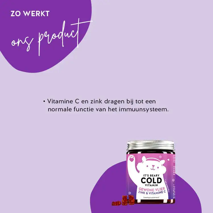 Dit is hoe It's Beary Cold Vitamins met vlierbessen werkt: Ondersteunt de stofwisseling en het cardiovasculaire systeem. Kan ontstekingsremmend, antibacterieel en antiviraal werken. Vlierbessen bevatten onder andere vitamine C en antioxidanten. Antioxidanten helpen de cellen te beschermen tegen oxidatieve stress.