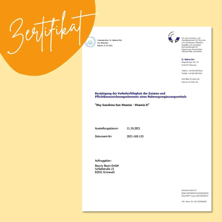Dit is het certificaat van de Hey Sunshine Sun Vitamins van Bears with Benefits