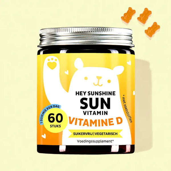 Een blikje Hey Sunshine Sun Vitamins met Vitamine D van Bears with Benefits voor het immuunsysteem, botten en spieren.