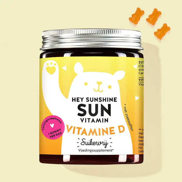 Een blikje Hey Sunshine Sun Vitamins met Vitamine D van Bears with Benefits voor het immuunsysteem, botten en spieren.