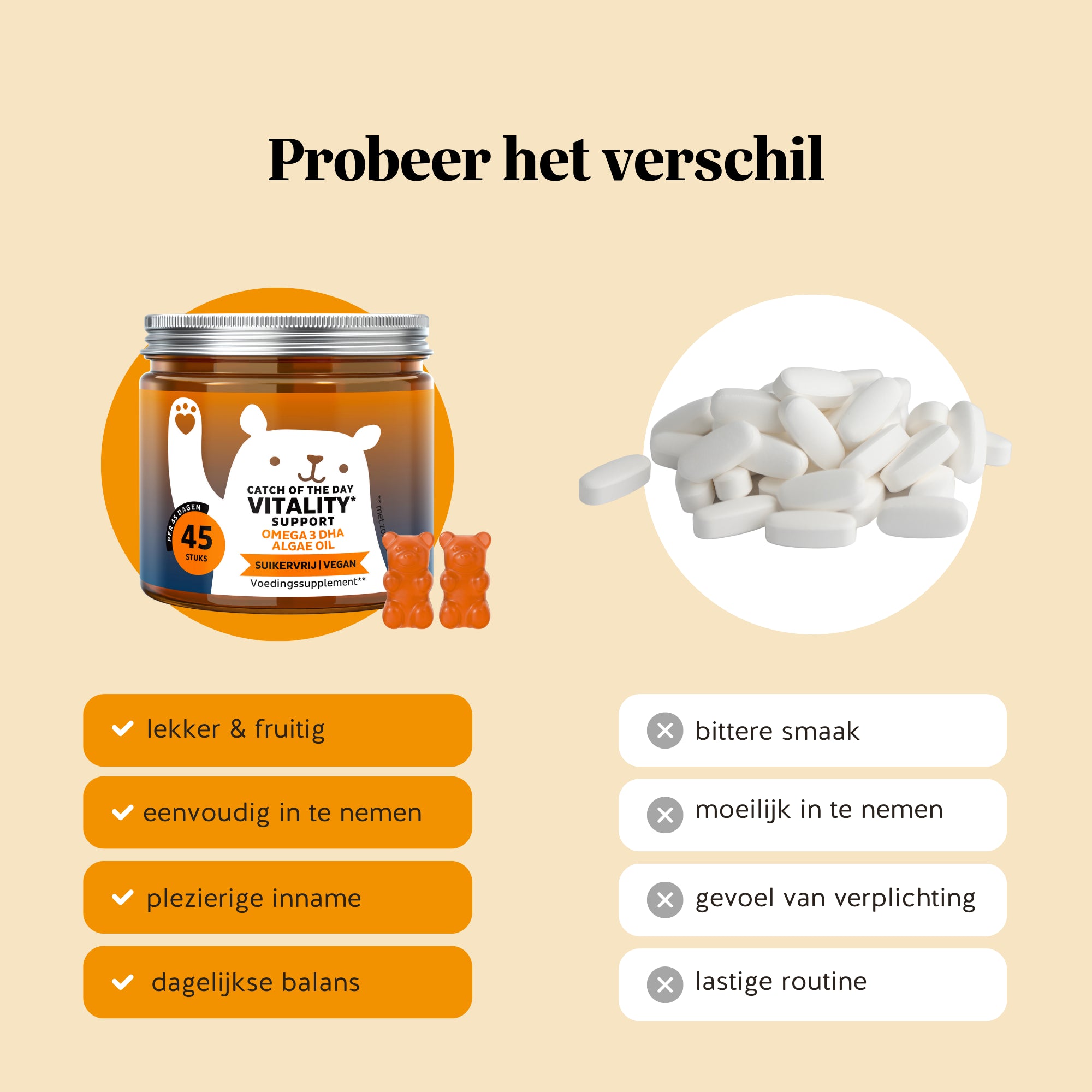 Voordelen van de vegan vitamine gummies Catch Of The Day Vitality Support van Bears with Benefits ten opzichte van traditionele supplementpillen.
