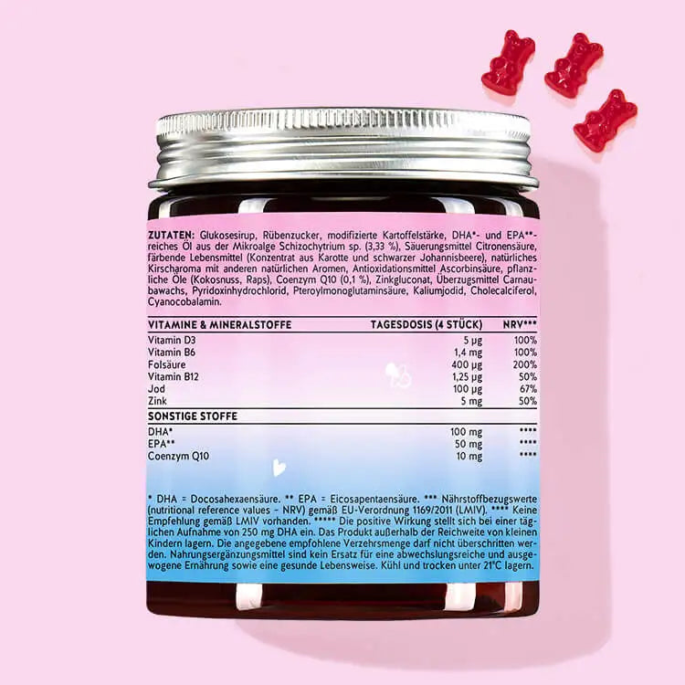 Zwangerschapsvitaminen - Mama Bear Prenatale Vitamine met Omega 3 vetzuren EPA en DHA van Bears met voordelen voor vruchtbaarheid en zwangerschap. Achterkant van het product