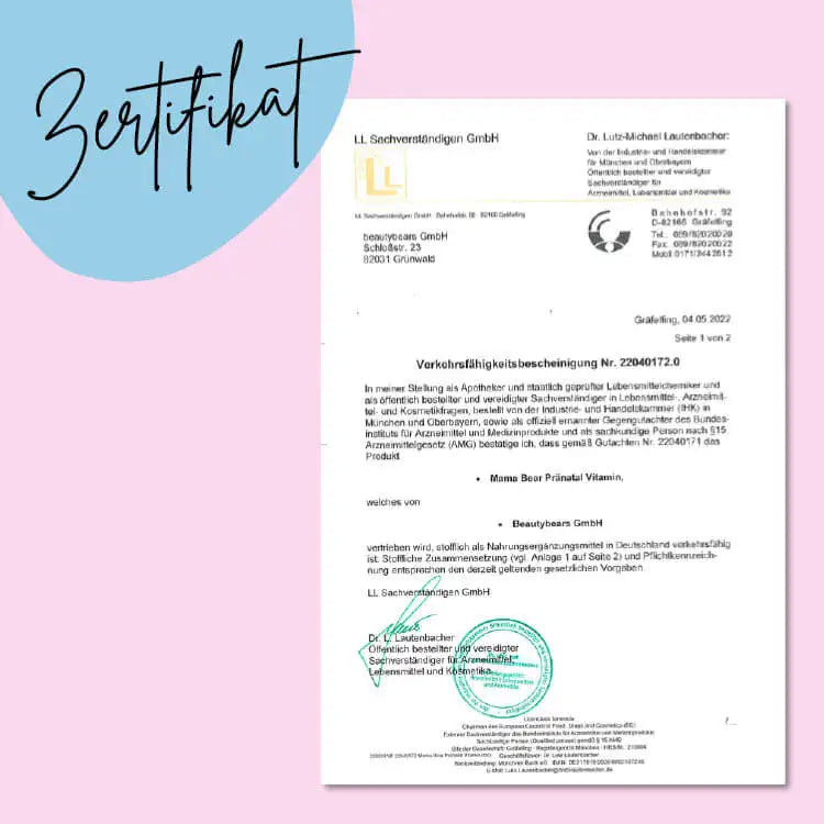 Dit is het certificaat van de Mama Bear Pre-Natal Vitamins van Bears with Benefits