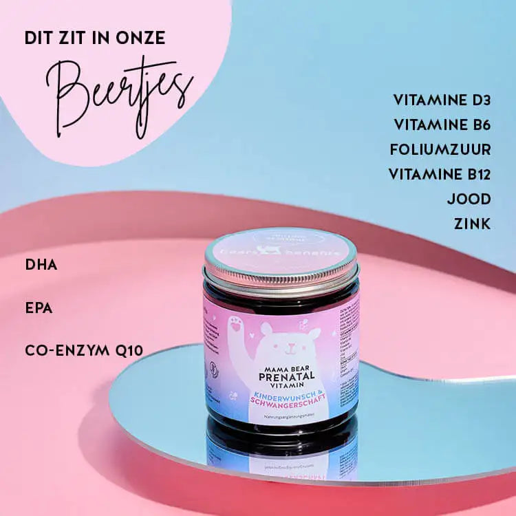 Deze ingrediënten en voedingsstoffen zitten in de Mama Bear Pre-Natal Vitamins van Bears with Benefits: DHA, EPA, co-enzym Q10, zink, jodium, foliumzuur en vitamine B6, B12 en D3.