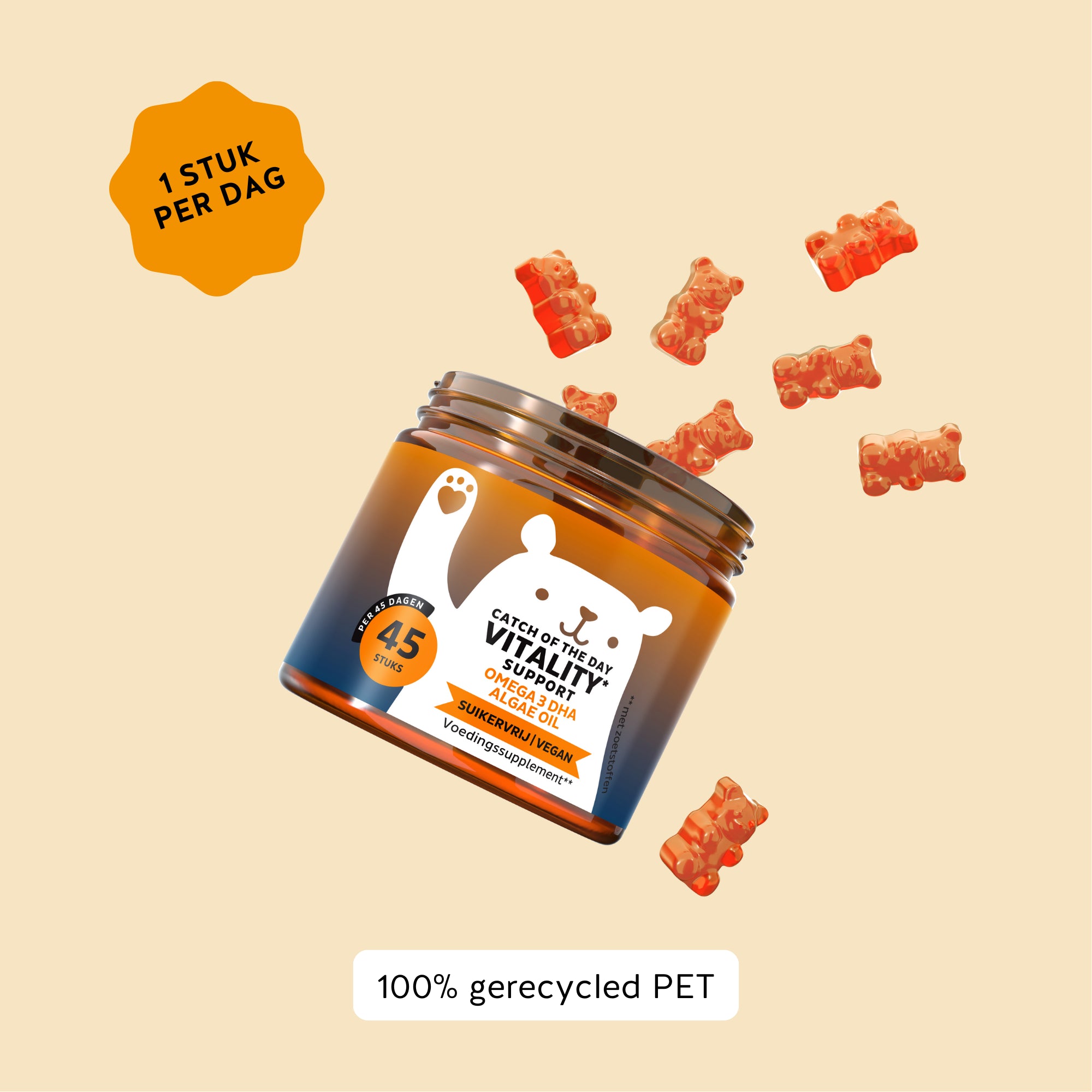 Aanbevolen inname van Catch Of The Day Vitality Support vitamine gummies van Bears with Benefits voor dagelijkse ondersteuning. Potje met 45 stuks.