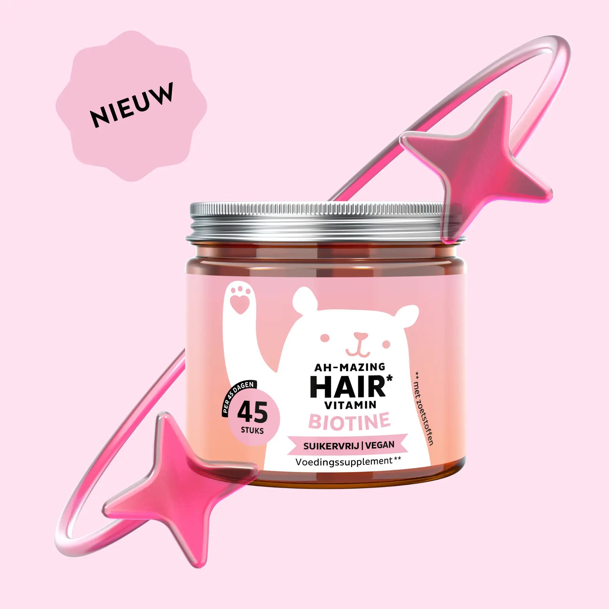 Ah-mazing Hair Vitamin Biotine gummies met een duidelijke dagelijkse dosering van één gummie per dag en een inhoud van 45 stuks l Bears with Benefits.