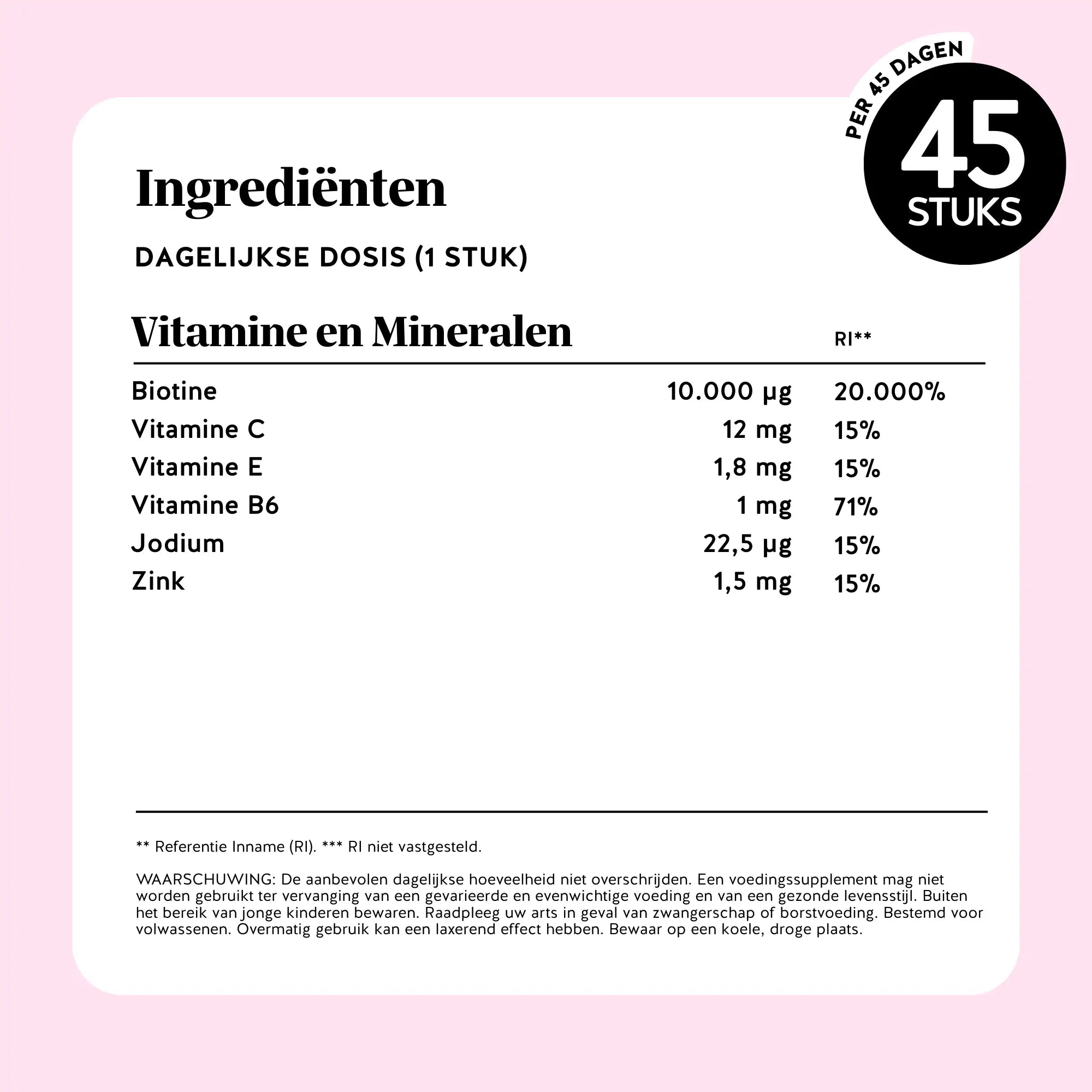 Ingrediënten- en voedingswaardentabel van Ah-mazing Hair Vitamin Biotine gummies met dagelijkse dosering en referentie-innames l Bears with Benefits.