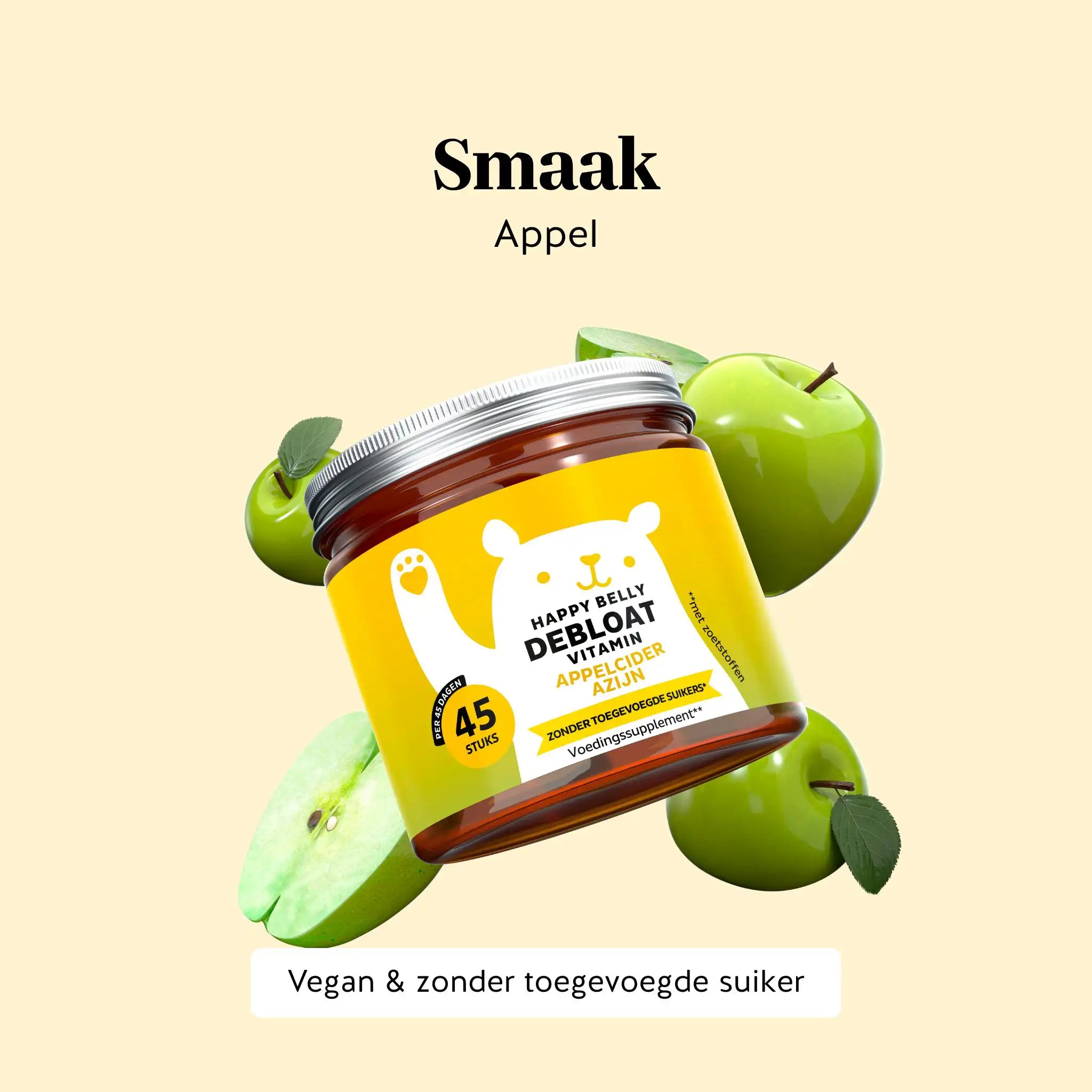 Potje Happy Belly Debloat Vitamin met appelciderazijn, 45 gummies – smaak appel, vegan & zonder toegevoegde suikers | Bears with Benefits