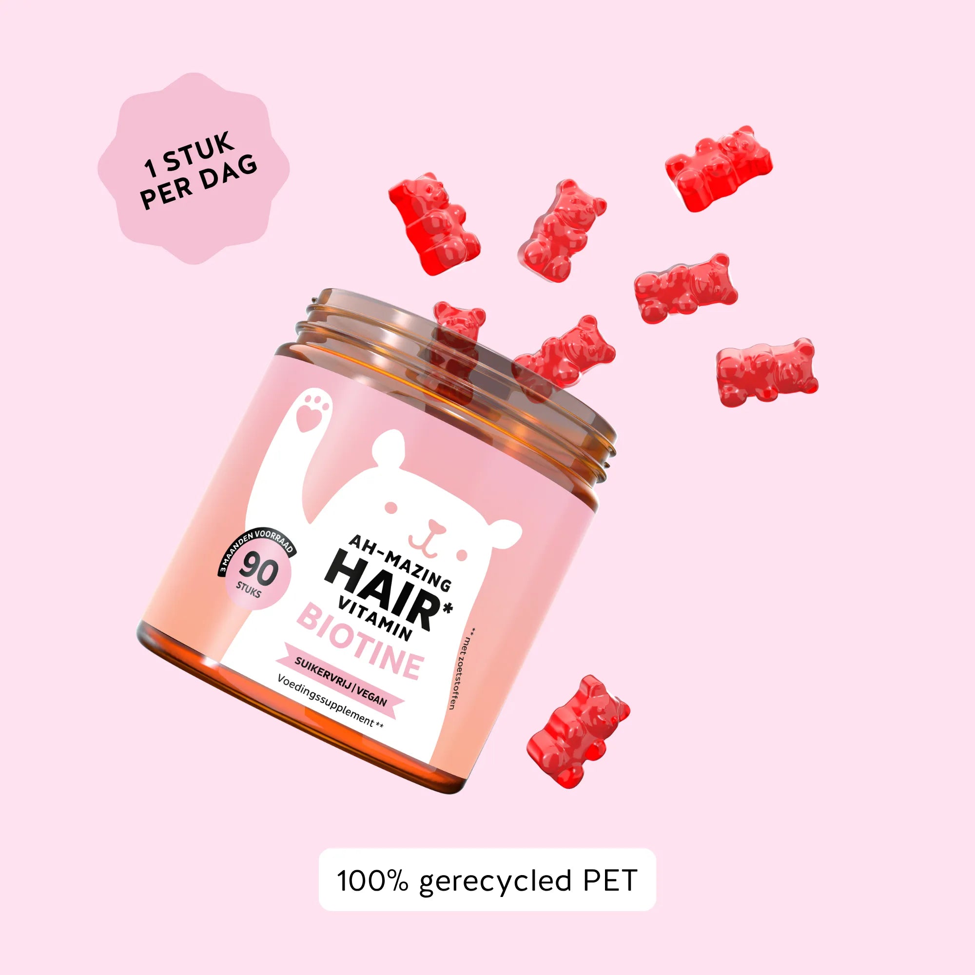 Bears with Benefits Ah-Mazing Hair* Vitamin – suikervrije vegan biotine gummies voor haar, huid en nagels, biotine 10.000 µg, zink 1,5 mg, jodium 22,5 µg, vitamine C 12 mg, vitamine E 1,8 mg en vitamine B6 1 mg, 90 stuks, 1 stuk per dag en 100% gerecycled PET