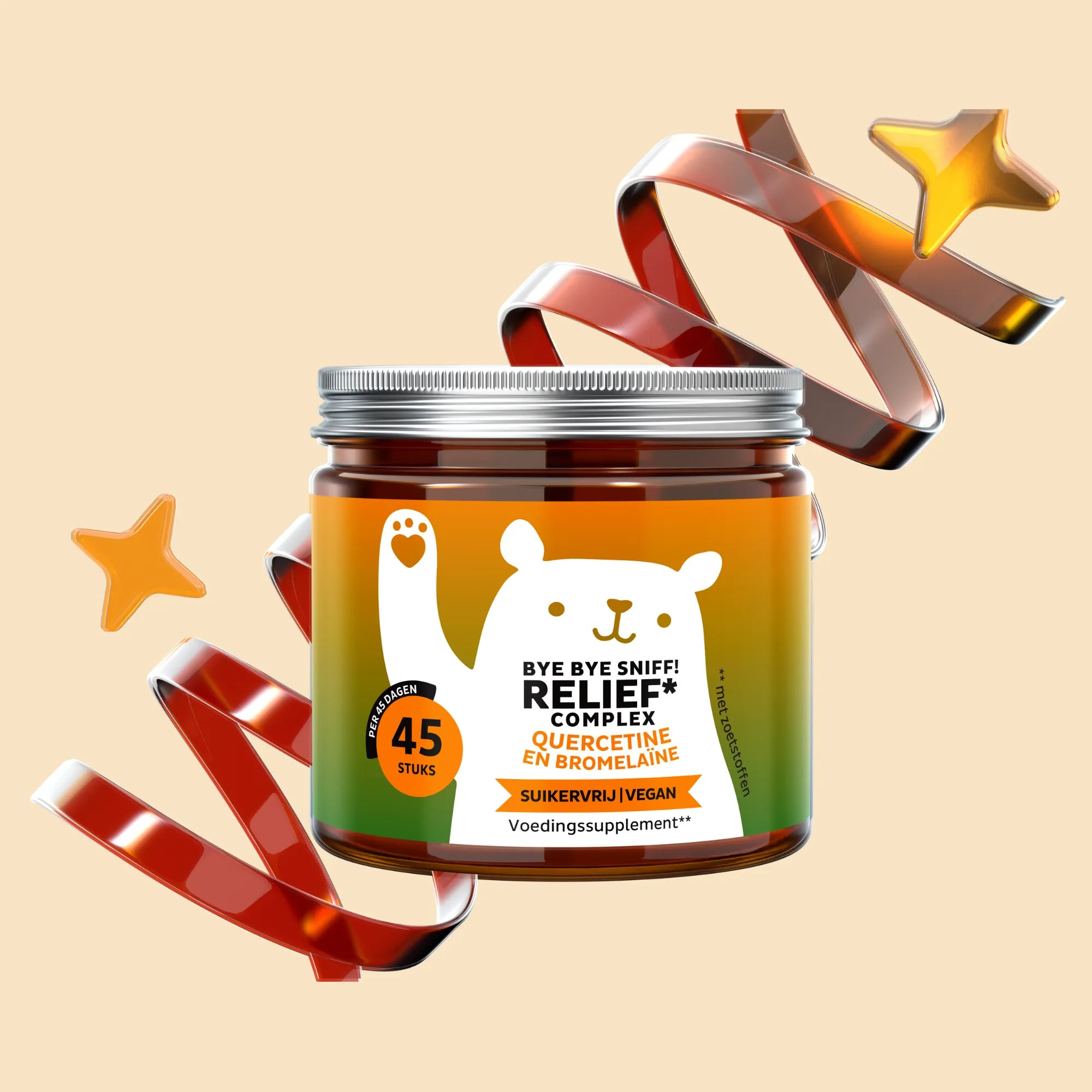 Aanbevolen inname van Bye Bye Sniff! Relief* Complex gummies van Bears with Benefits voor dagelijkse ondersteuning. Potje met 45 stuks.