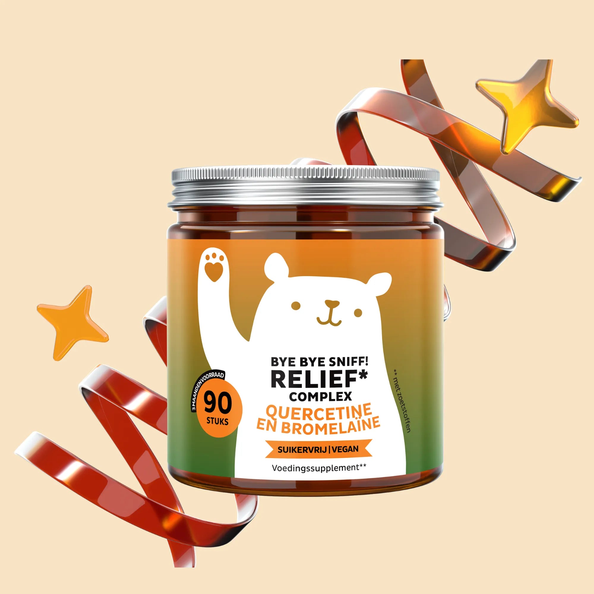 Aanbevolen inname van Bye Bye Sniff! Relief* Complex gummies van Bears with Benefits voor dagelijkse ondersteuning. Potje met 90 stuks.