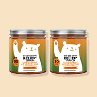 Afbeelding van de 2-pack van Bye Bye Sniff! Relief* Complex van Bears with Benefits met in totaal 180 gummies. Twee potjes met elk 90 stuks, met quercetine, bromelaïne, vitamine C en zink ter ondersteuning van het immuunsysteem.