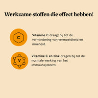 Ingrediënten en voordelen van de Bye Bye Sniff! Relief* Complex gummies van Bears with Benefits, met vitamine C en zink ter ondersteuning van het immuunsysteem en vitamine C ter vermindering van vermoeidheid.