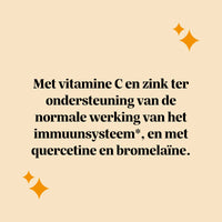 Effecten en ingrediënten van de Bye Bye Sniff! Relief* Complex gummies van Bears with Benefits, met vitamine C en zink ter ondersteuning van het immuunsysteem, plus quercetine en bromelaïne.