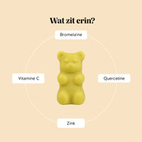 Ingrediënten van de Bye Bye Sniff! Relief* Complex gummies van Bears with Benefits, met bromelaïne, quercetine, vitamine C en zink.