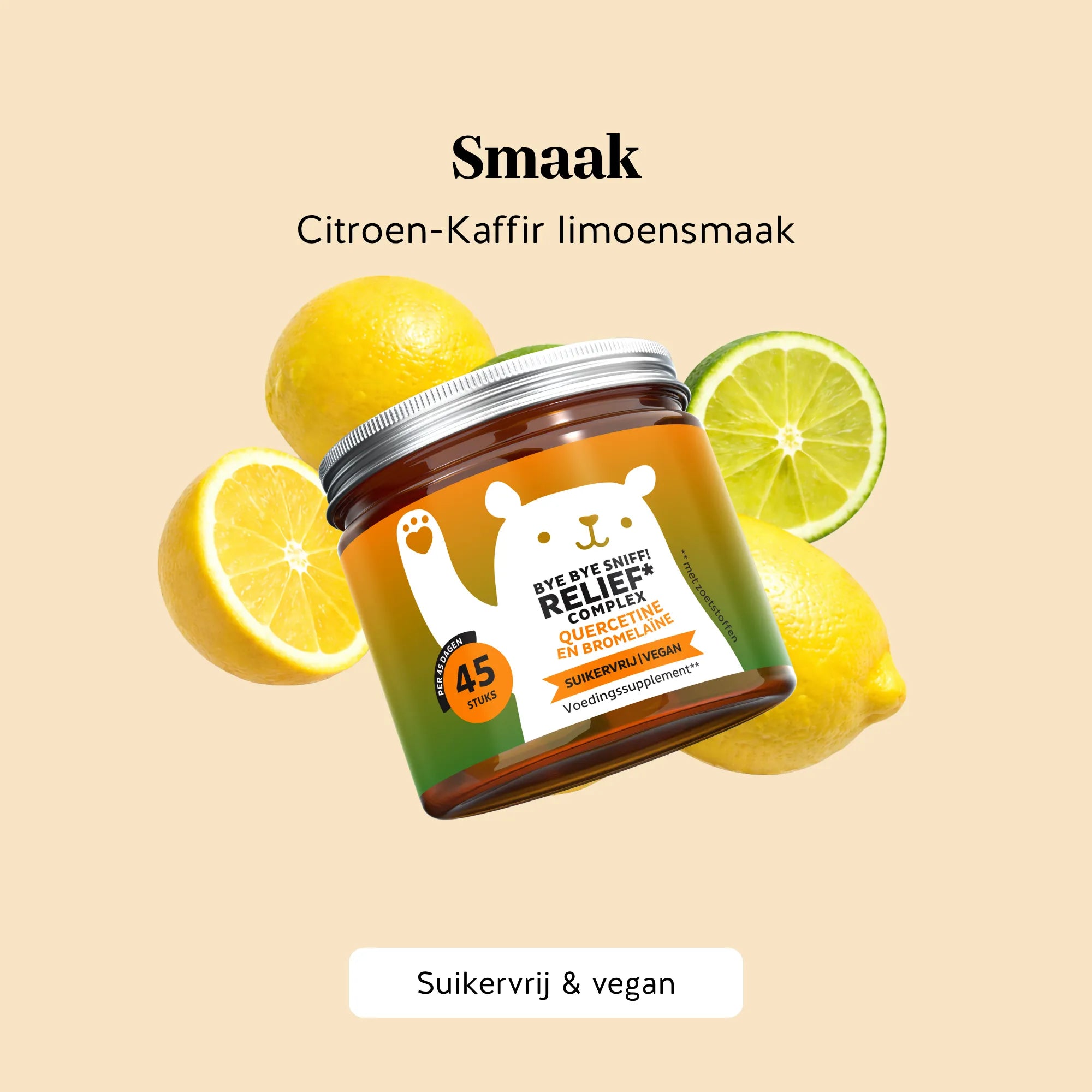 Verfrissende citroen-kaffir limoensmaak van de Bye Bye Sniff! Relief* Complex gummies van Bears with Benefits, makkelijk en lekker in te nemen. Potje met 45 stuks.