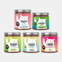 Bears with Benefits Hot Summer Bundle gummieset met Snack Smart Appetite Control, Lighter Legs Water Relief, Burn Baby Burn Shape, Bootylicious Shape en Oh Yeah Bear Libido, 5 potjes met 60 gummies.