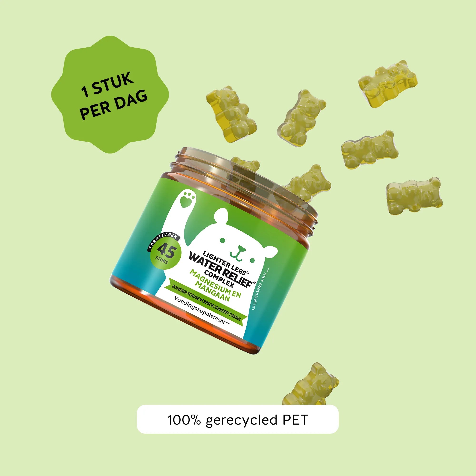 Bears with Benefits Lighter Legs¹ Water Relief² Complex – gebruiksadvies: 1 gummy per dag kauwen, praktische formule met magnesium, mangaan en vitamine C, 45 stuks, citroen-matcha smaak, vegan en zonder toegevoegde suikers