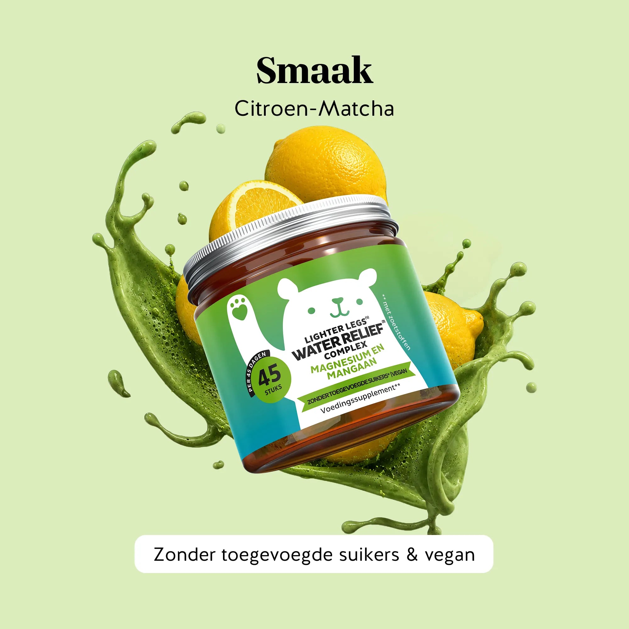 Bears with Benefits Lighter Legs¹ Water Relief² Complex – vegan gummies met frisse citroen-matcha smaak, gezoet met zoetstoffen en natuurlijke aroma's, zonder toegevoegde suikers, 45 stuks
