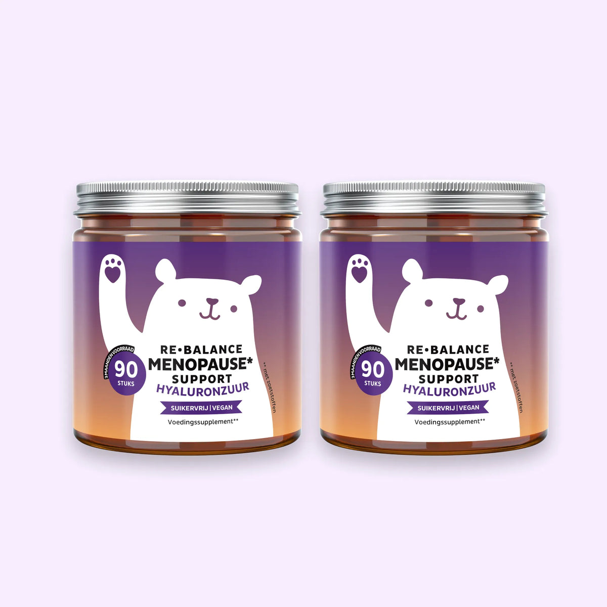 Bears with Benefits Re-Balance Menopause Support – duo met 2 potten vegan gummies met hyaluronzuur, 90 stuks per pot, 180 stuks totaal, suikervrij en vegan, voor ondersteuning tijdens de menopauze