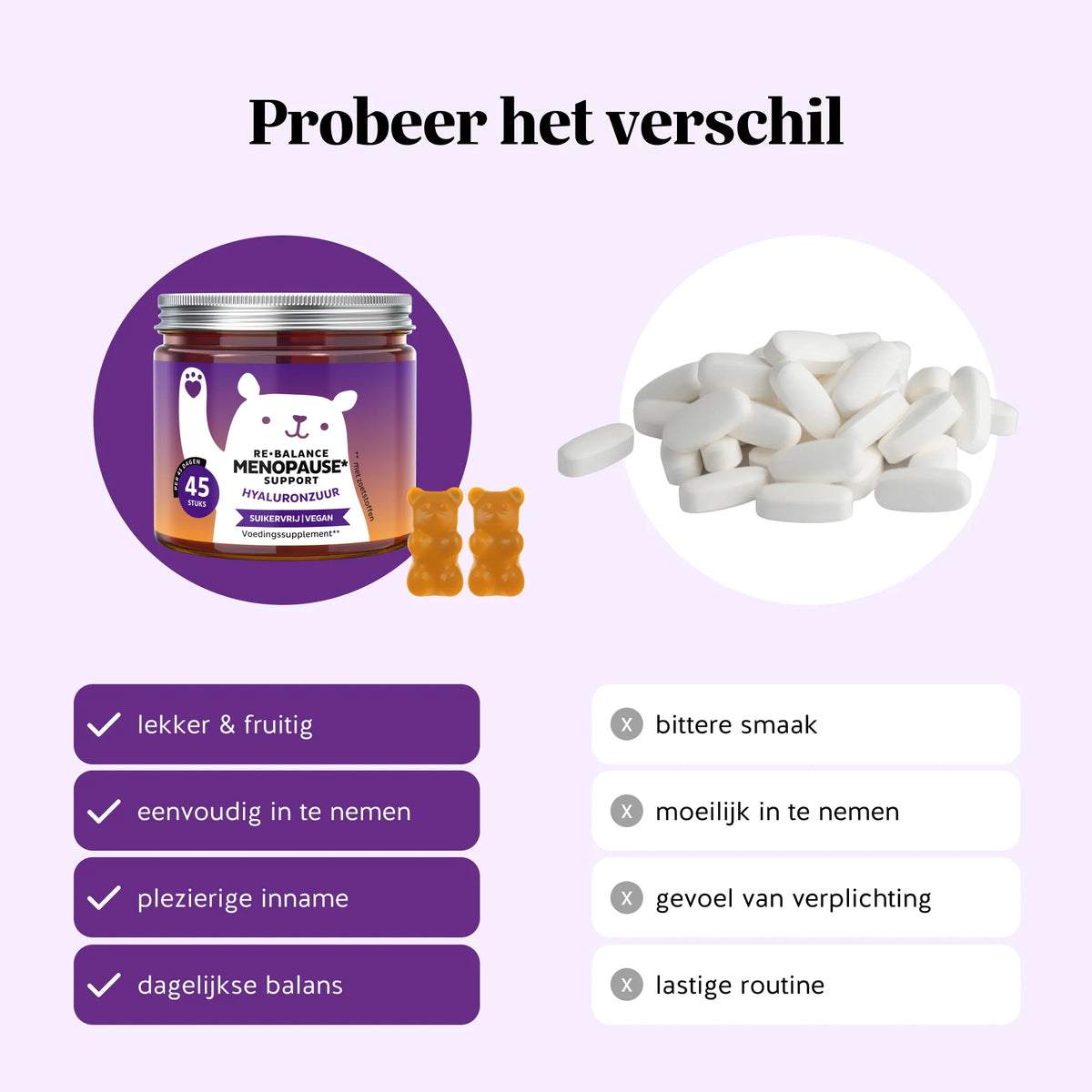 Bears with Benefits Re-Balance Menopause Support – vegan gummies met hyaluronzuur versus pillen, 45 stuks, lekker en fruitig, eenvoudig in te nemen, plezierige inname en dagelijkse balans
