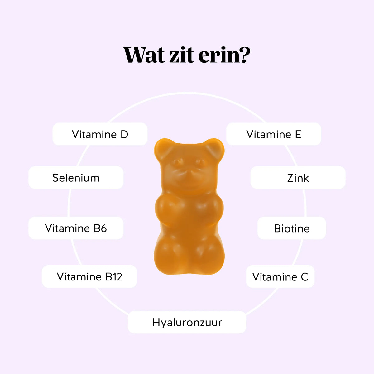 Bears with Benefits Re-Balance Menopause Support – overzicht van ingrediënten met vitamine D, vitamine E, zink, biotine, vitamine C, hyaluronzuur, vitamine B12, vitamine B6 en selenium